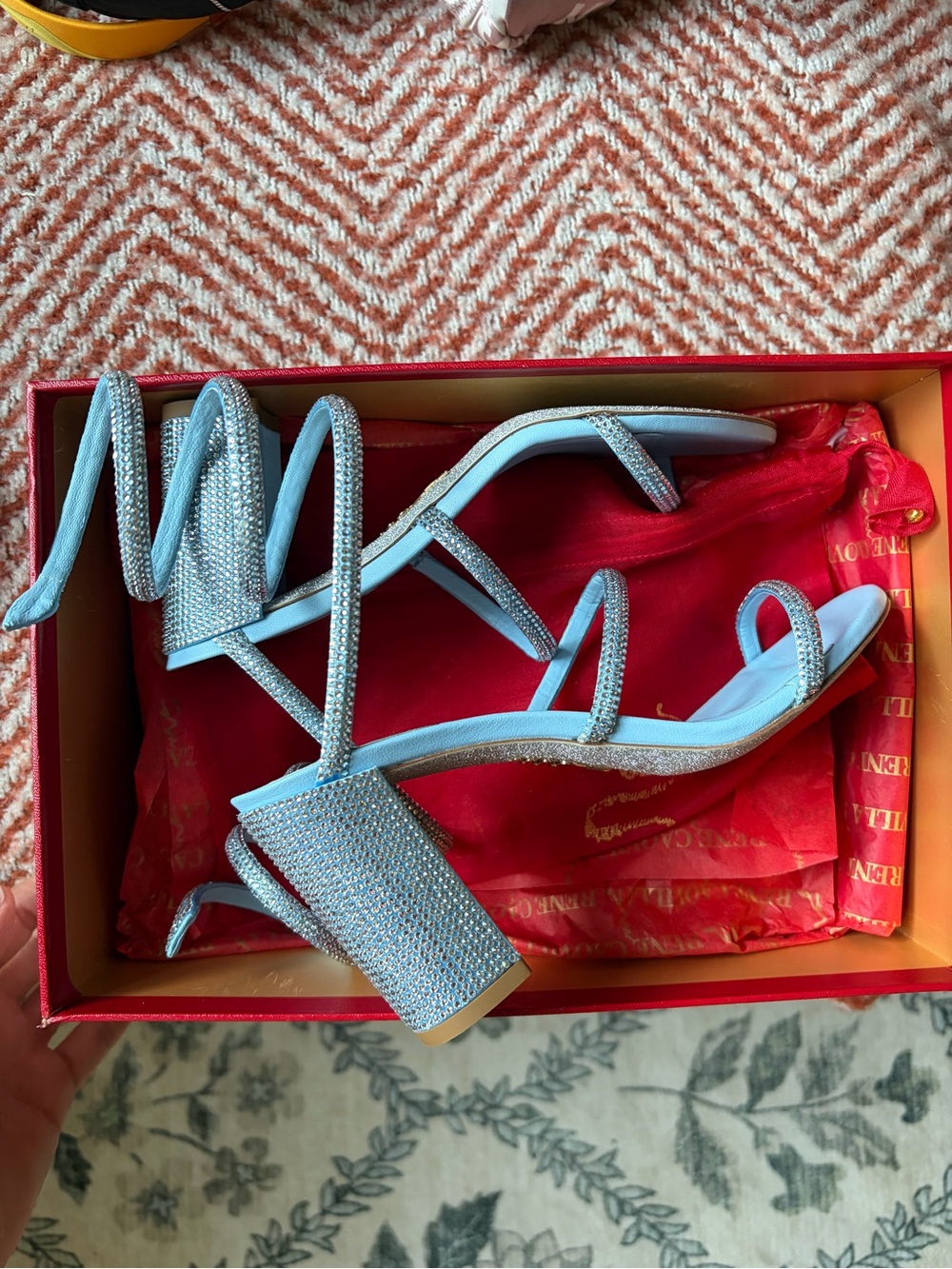 Brand New Rene Caovilla Elegant Crystal Wrap Up Heeled Sandals in Light Blue